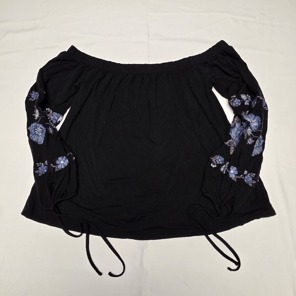 Black Off-Shoulder Top with Blue Floral Embroidery Soft & Flowy Tie Cuff Detail